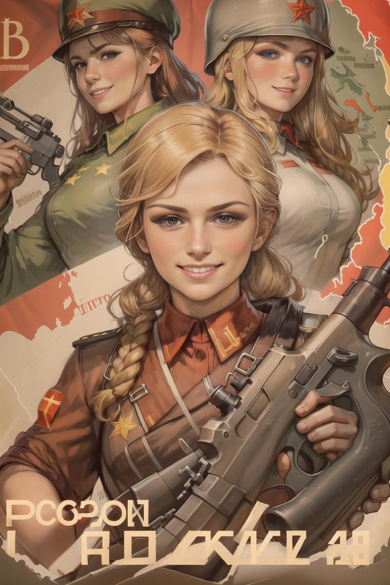 02099-3624588481-(best quality_1.2),blond women with gun, red t-shirt with soviet sign, smile, Brown haired man with flag,_looking at camera, sov.png